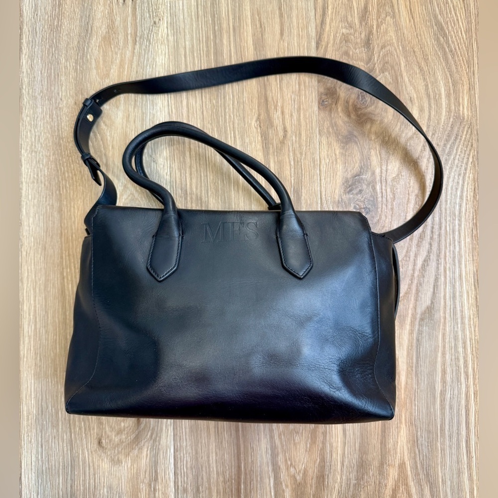 J.Crew Black Leather Satchel MES Monogram EUC